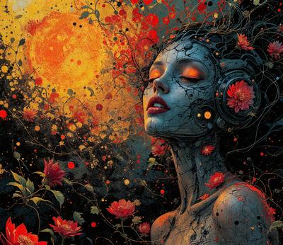 The primary subject of the image is a woman with a headset on, surrounded by a vibrant and colorful environment. The setting includes a field of flowers, a moon, and a sun. The visual style of the image is digital art, with the woman's face and headset being the focal point of the composition. The colors and mood of the image are lively and energetic, with the woman's expression and the surrounding flowers and sun creating a sense of joy and creativity.
